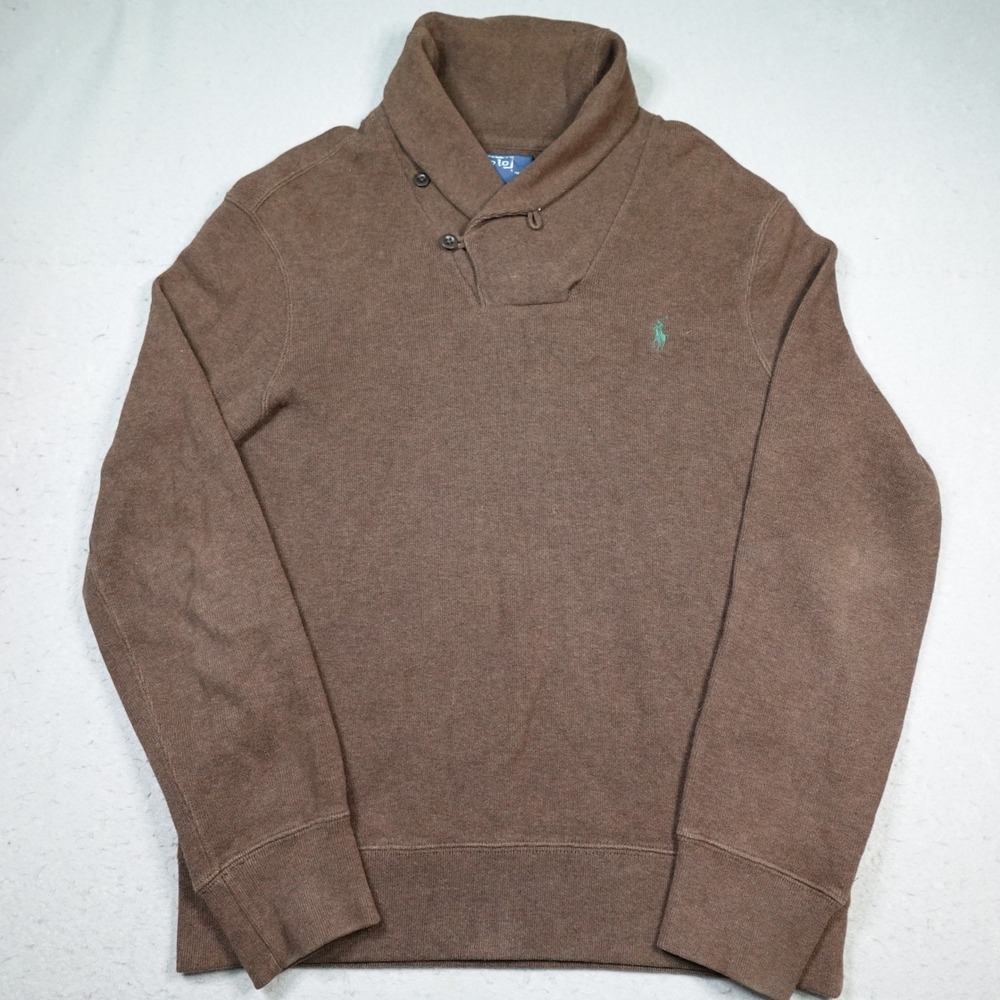 Vintage Polo Ralph Lauren Sweater Mens M Brown Shawl Collar Pullover Logo preppy